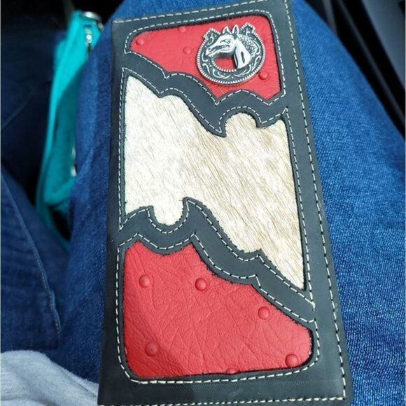 Handmade leather red and black with cowhide wallet - Picture 1 of 4